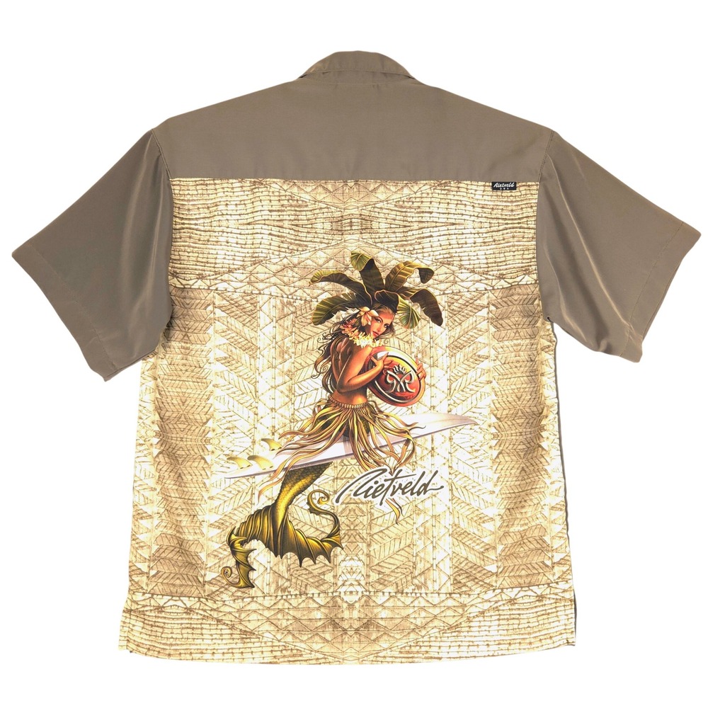 Rietveld USA Mens Brown Short Sleeve Mermaid Surfer Graphic Button Up Shirt L